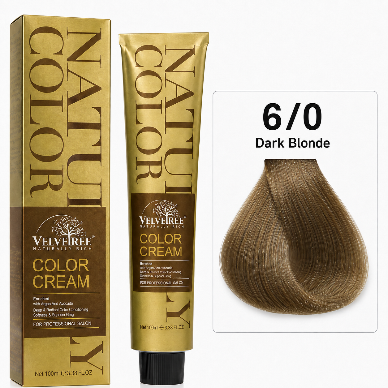 VELVETREE Color Cream 6/0 Dark Blonde Professional Hair Color Cream with Argan & Avocado, Rich & Radiant Hair Colour, Smooth & Shiny Finish, Salon Professional Use, 100ml