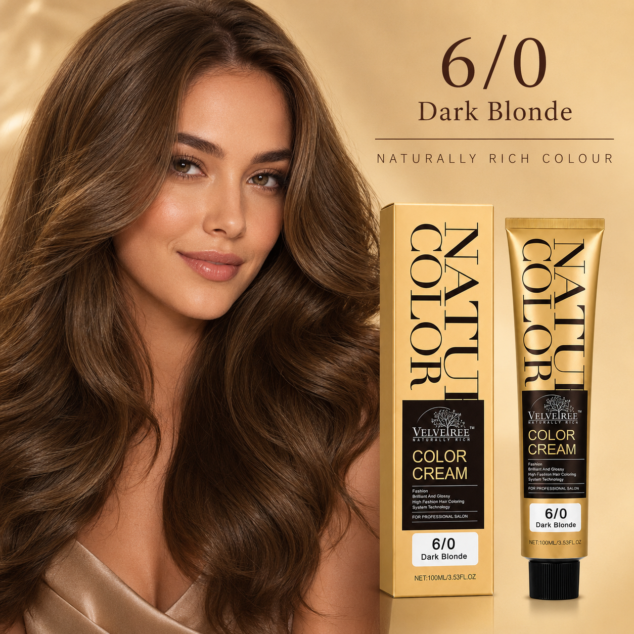VELVETREE Color Cream 6/0 Dark Blonde Professional Hair Color Cream with Argan & Avocado, Rich & Radiant Hair Colour, Smooth & Shiny Finish, Salon Professional Use, 100ml